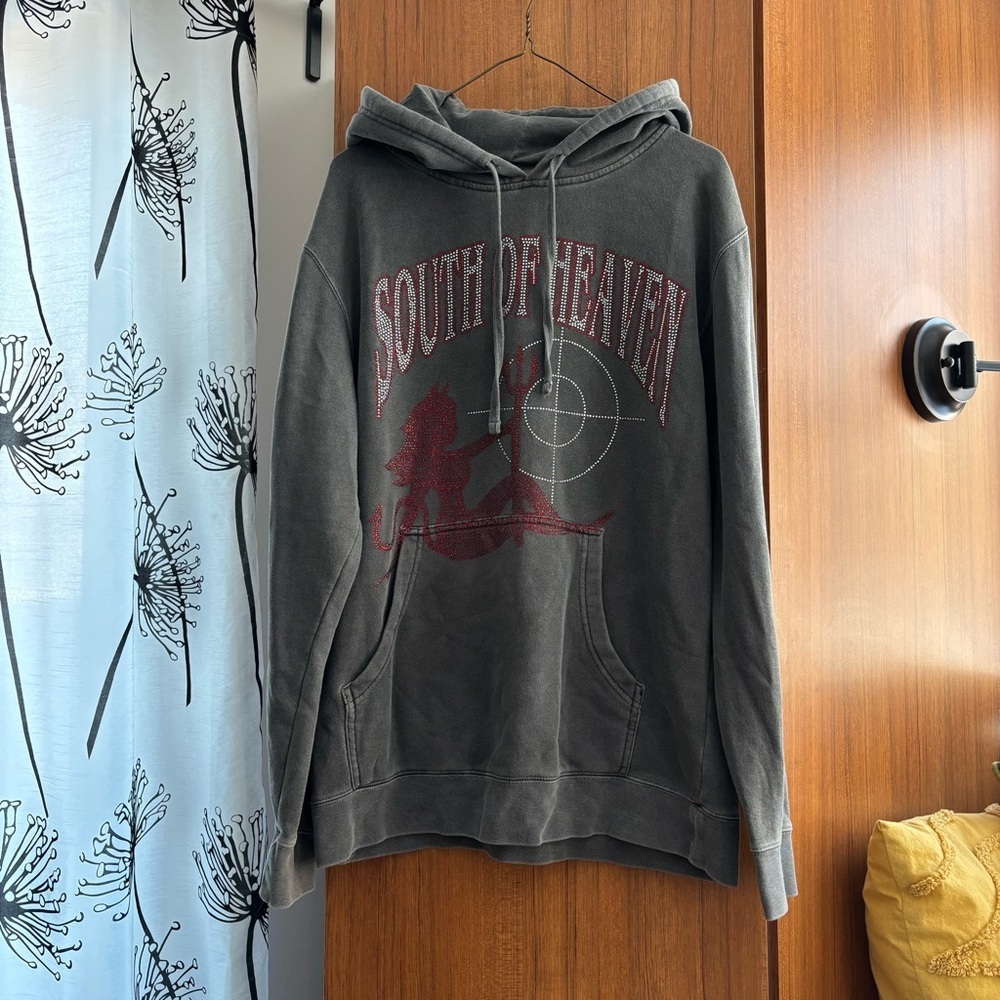 South of Heaven Graphic Hoodie Sweatshirt - Charcoal with Red Print